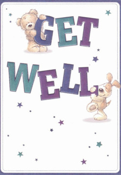 Instant comfort and lightness radiate from this delightful get well card, beautifully suited for bringing cheer to Harlow residents during recovery. The artwork is both spirited and meticulously detailed: a cuddly teddy bear clings playfully atop the word 'GET,' while a perky puppy nuzzles near the robust 'WELL,' their rounded forms emitting an embrace of hope and affection. Scattered stars shimmer in shades of blue and purple, like city lights glowing above the greens of Harlow's playgrounds or the calm of Parndon Wood. The bold, friendly letters are shaded with deep purples and teals, popping confidently against a pristine, luminous background reminiscent of fresh morning light over Newhall or Church Langley. The nurturing detail in both illustration and intent echoes the same care I deliver in a vibrant bouquet, available from Flowers Harlow for those needing encouragement along Southern Way or Fifth Avenue. This card's message and design work hand in hand to lift spirits, reassure, and inspire recovery.