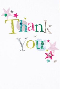 This thank you card, alive with jubilant colour and a handcrafted feel, mirrors Harlow's communal warmth found along Market Square or in the creative energy of The Stow. The words 'Thank You' sweep across the card's front, each letter its own celebration-lime, fuchsia, sky blue-patterned in polka dots and bordered with gentle stitch-work as though crafted by a skilled hand in one of Harlow's artisan studios. Occasional flecks of glitter in the silvery lettering catch the light much like sunshine reflecting across the River Stort. Stars in magenta, teal, and gold are generously scattered at the card's edges, creating a cascade of festivity worthy of a town gathering at The Playhouse or Parndon Wood. Against the card's crisp white background, every detail stands out, inviting the recipient to pause and feel truly appreciated. The card exudes the welcoming spirit you find from a florist arranging bright bouquets for delivery throughout Harlow, wrapping up heartfelt thanks that feel personal and genuine-perfect for expressing gratitude after a milestone celebration or a thoughtful act from a friend.